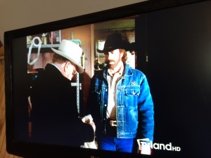 What would you expect to be on TV here? "Walker - Texas Ranger" of course. 